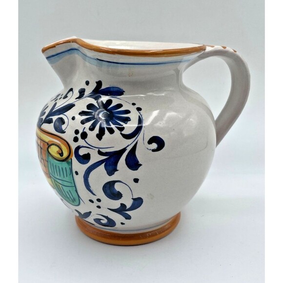 Ricco Deruta Italy Pitcher Hand Painted "ACQUA" Colorful Floral Scroll 6” - Picture 3 of 8